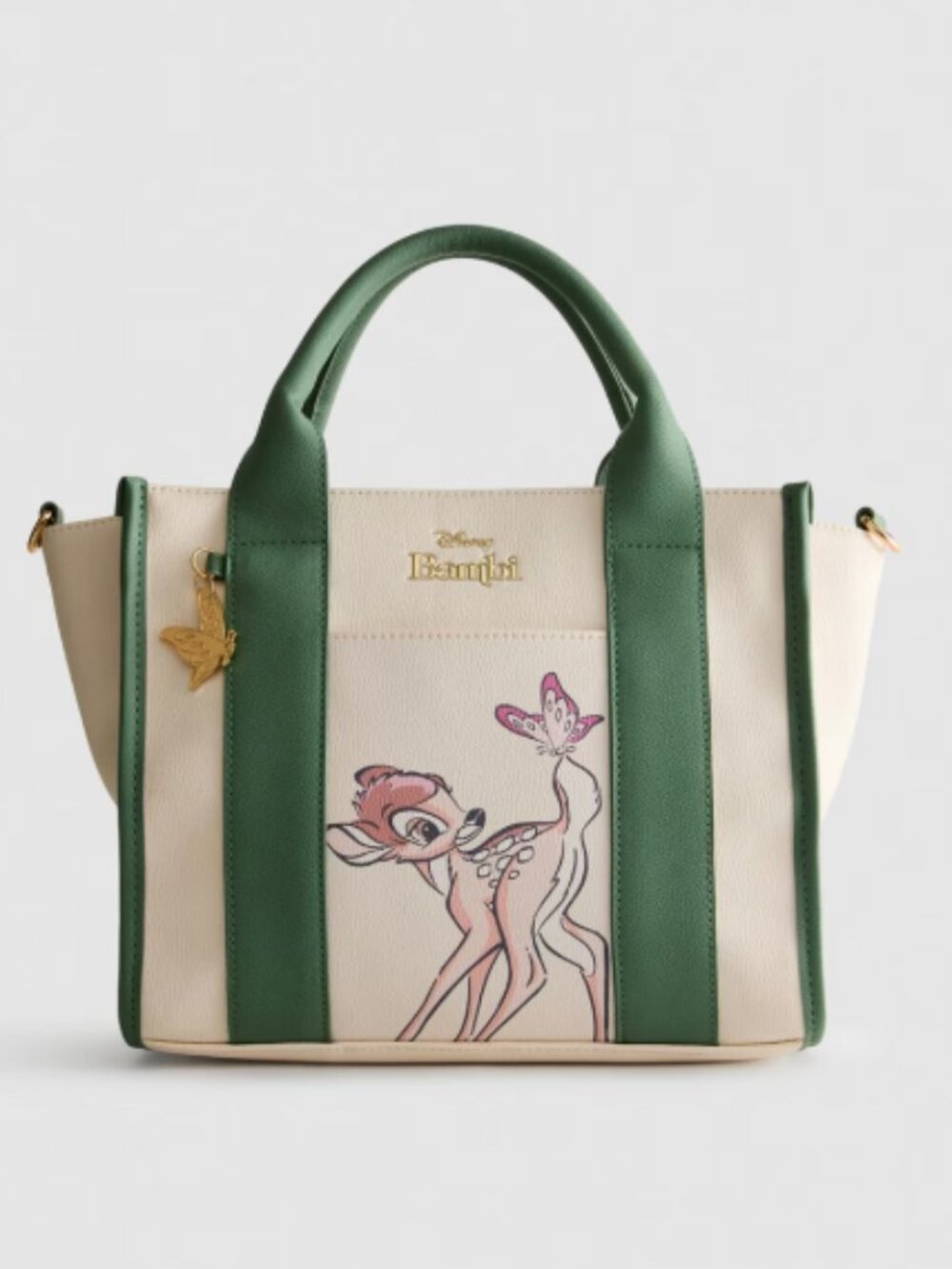 Disney Bambi Faux Leather Tote Bag Purse Green Cream Floral Spring Butterfly
